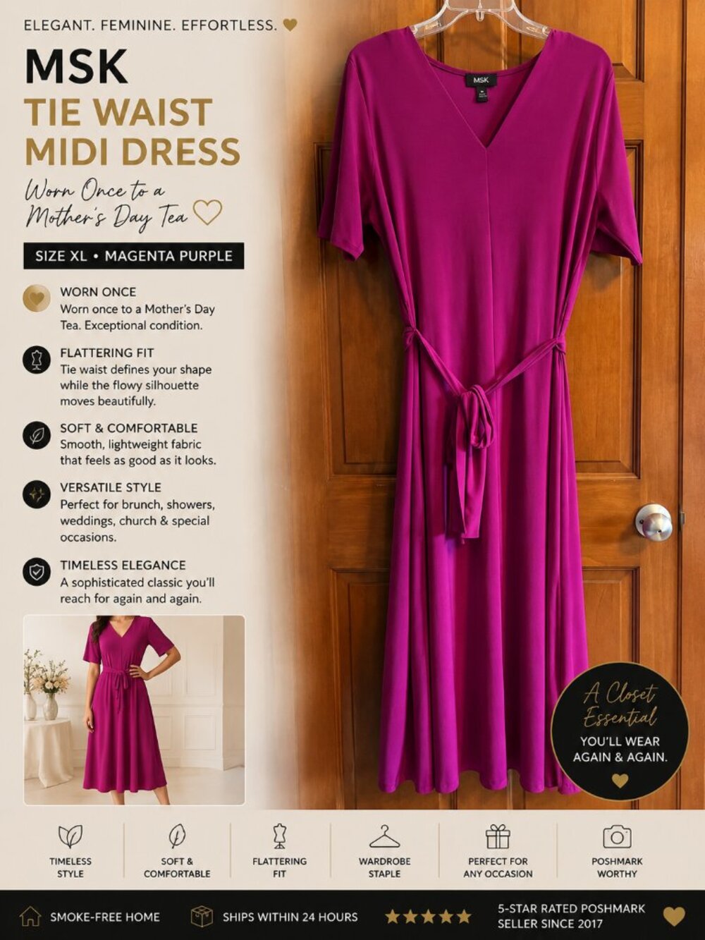 MSK Magenta Purple Tie Waist Midi Dress XL V-Neck